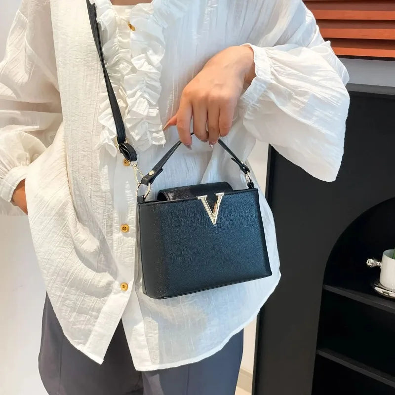 Chic Structured "V" Logo Top-Handle & Crossbody Bag in Classic Black