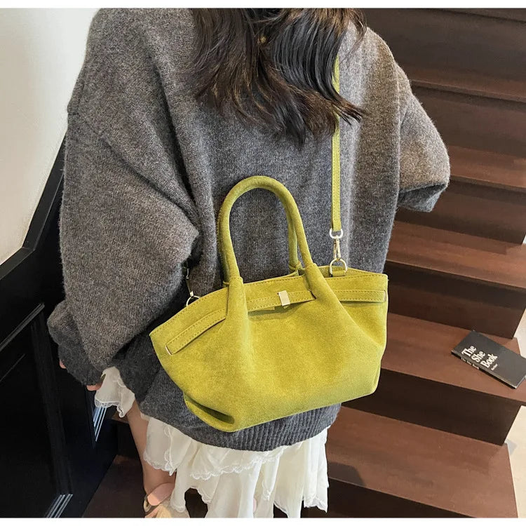 Trendy Olive Green Suede Mini Tote Bag | Stylish Faux Suede Crossbody Shoulder Bag