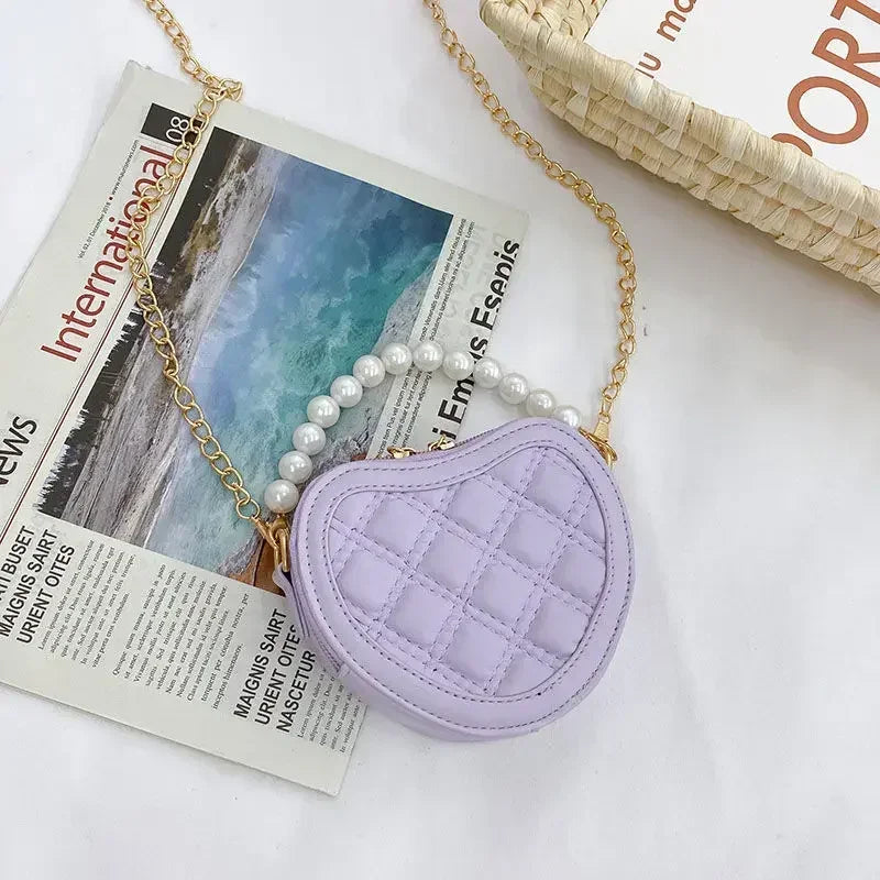 Cute Quilted Heart-Shaped Mini Handbag with Pearl Handle