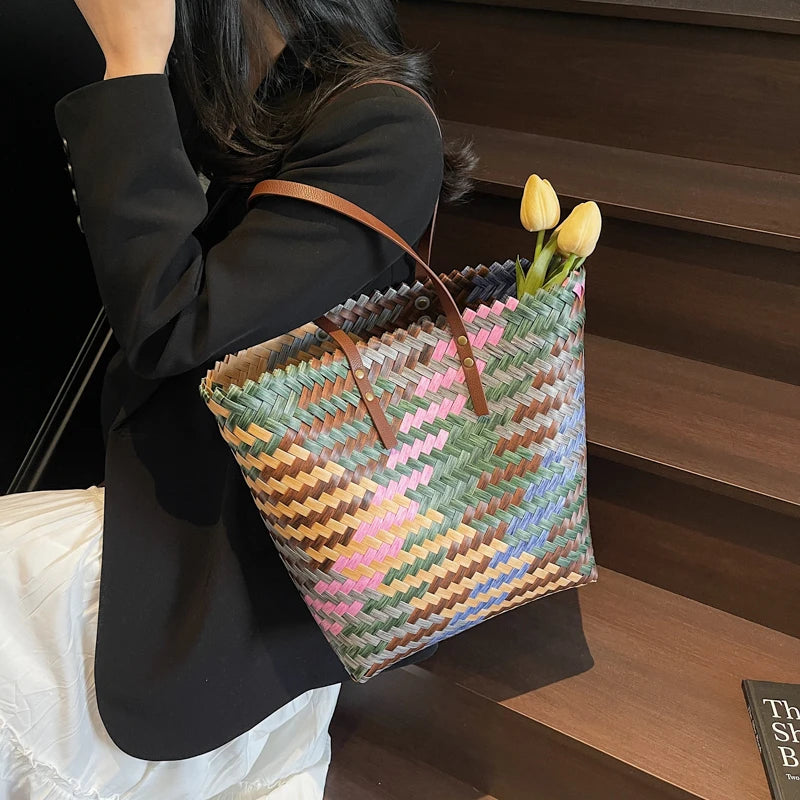 Boho Multi-Color Woven Tote Bag with Faux Leather Straps - Casual Aesthetic Large Handbag