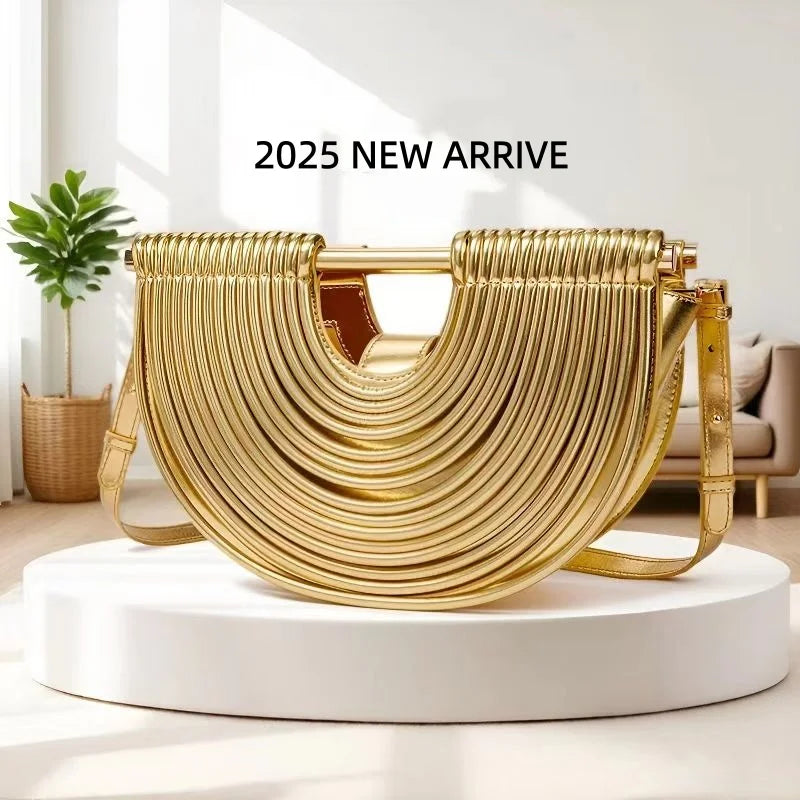 Luxury Metallic Gold Pleated Half-Moon Evening Clutch & Crossbody Bag