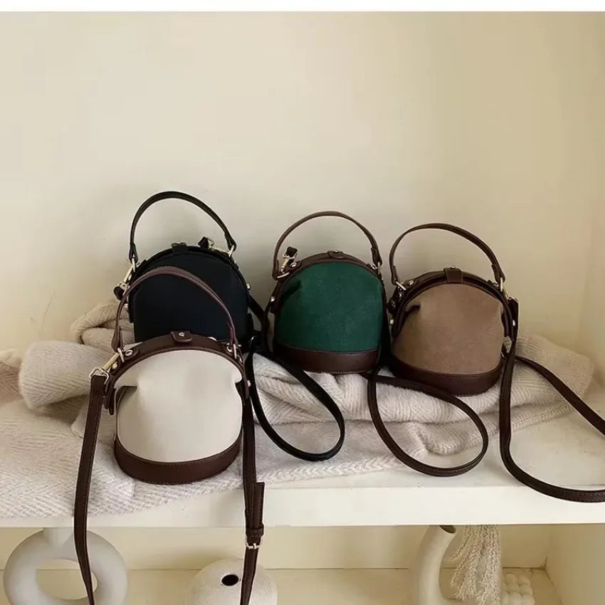 Vintage Two-Tone Suede Bucket Bag - Structured Top Handle Crossbody Handbag with Dark Brown Trim