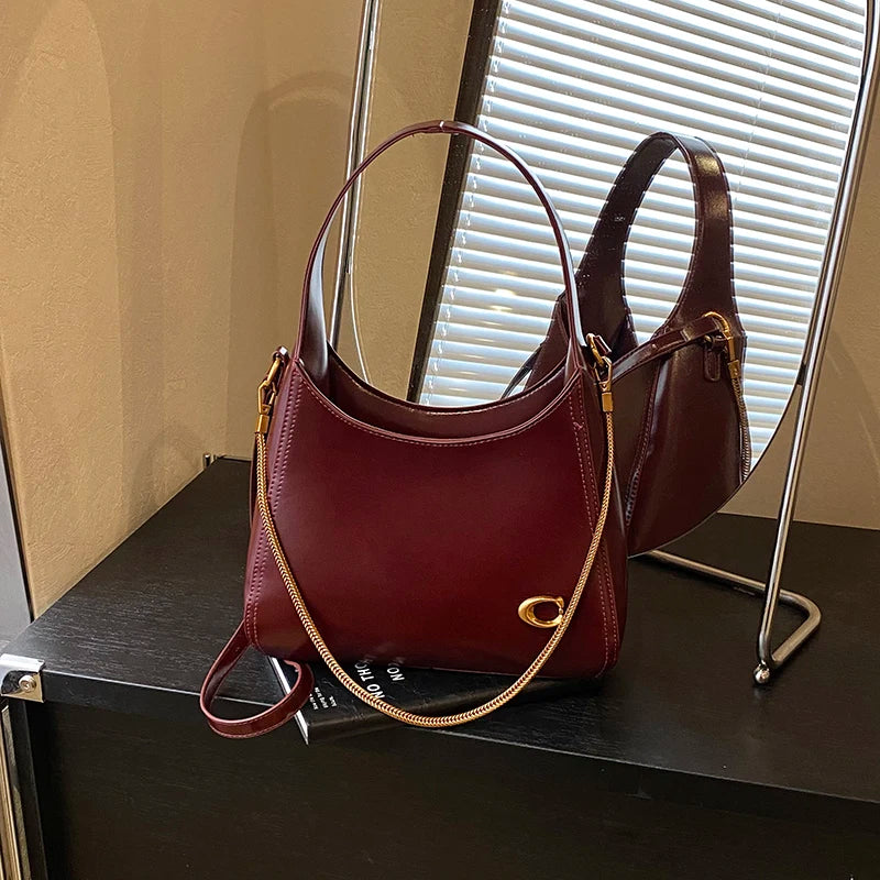 : Women’s Vintage Leather Hobo Bag – Retro Wine Red Underarm Bag & Shoulder Purse with Gold Chain Accent