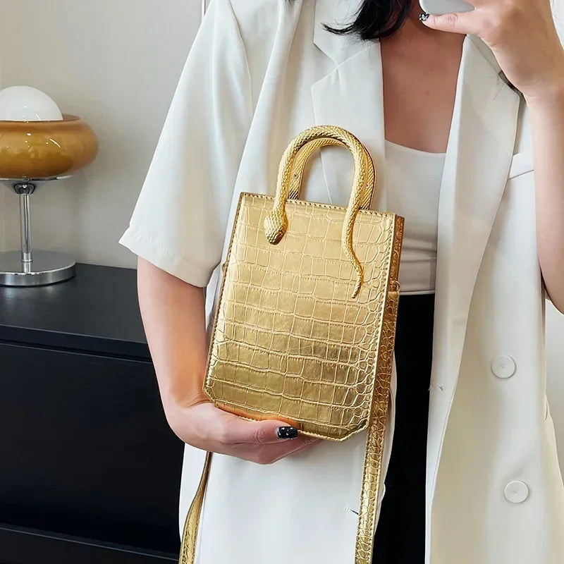 Aura Bags Luxury Crocodile Pattern Square Crossbody Bag with Gold Snake Handle