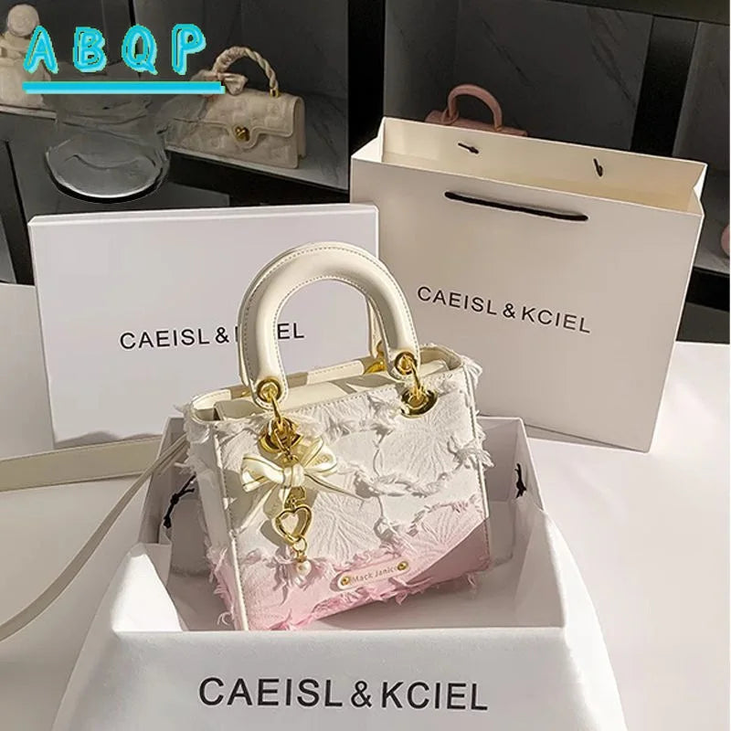 Trendy White & Pink Gradient Mini Handbag with Crossbody Strap and Pearl Bow Details