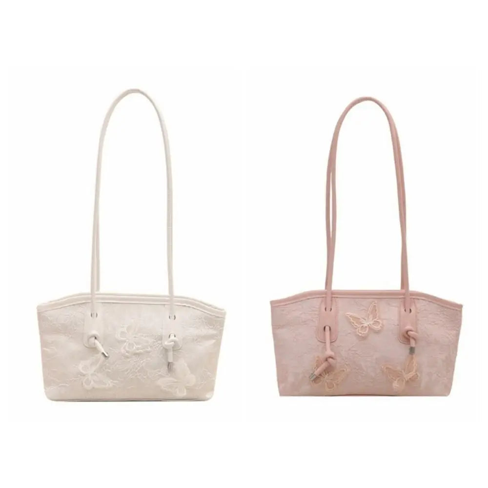 Elegant White Lace & Embroidery Butterfly Tote Bag – Chic Women's Handbag with Knot Straps
