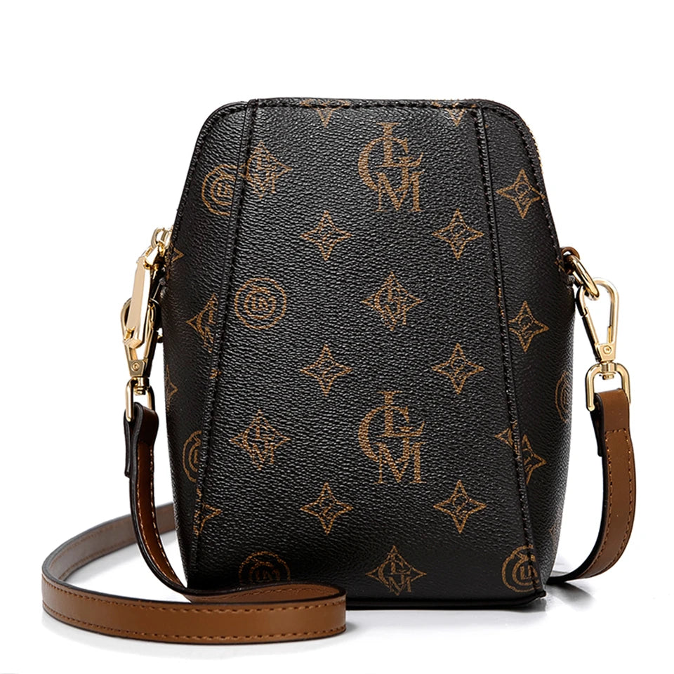 Classic Monogram Pattern Vertical Crossbody Bag with Contrast Brown Strap - Casual Daily Shoulder Handbag