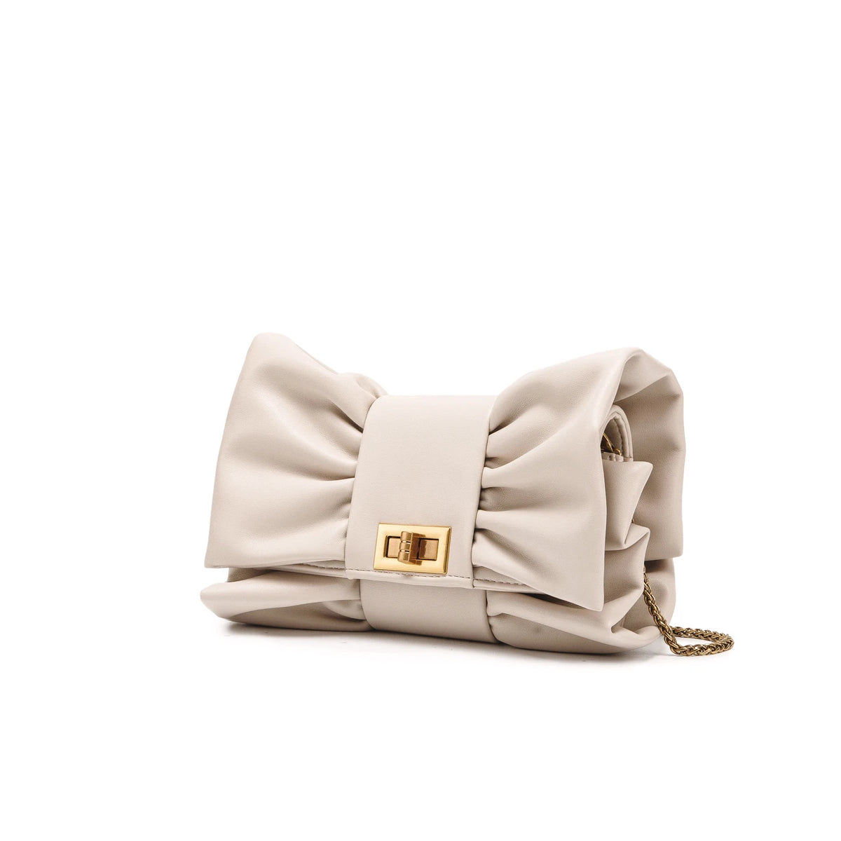 Luxurious Designer-Inspired Pleated Bow PU Leather Evening Clutch and Crossbody Bag Featuring Metallic Twist-Lock Closure and Chain Strap for Women