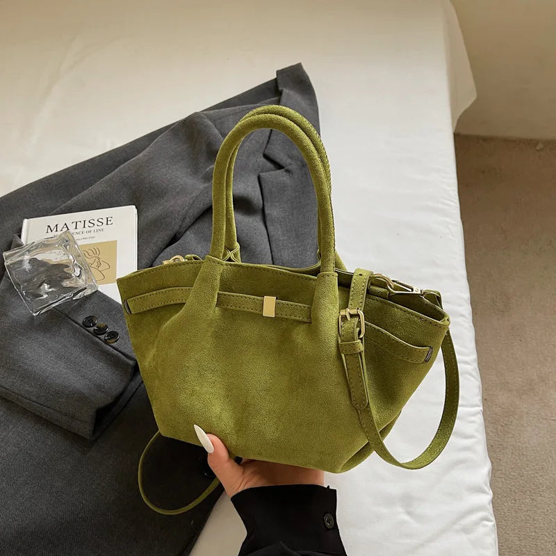 Trendy Olive Green Suede Mini Tote Bag | Stylish Faux Suede Crossbody Shoulder Bag