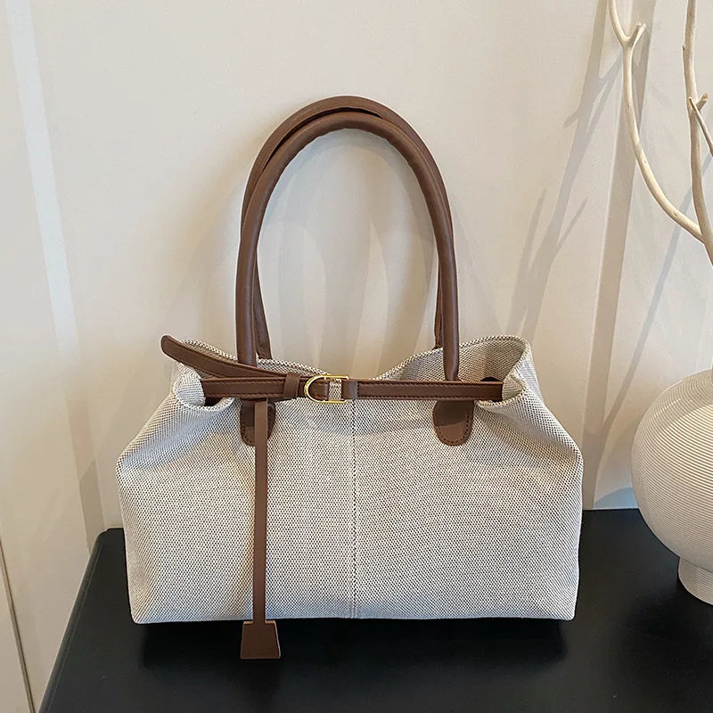 Aura Bags Casual Canvas Tote Bag with Contrast PU Leather Handles and Belt Accent