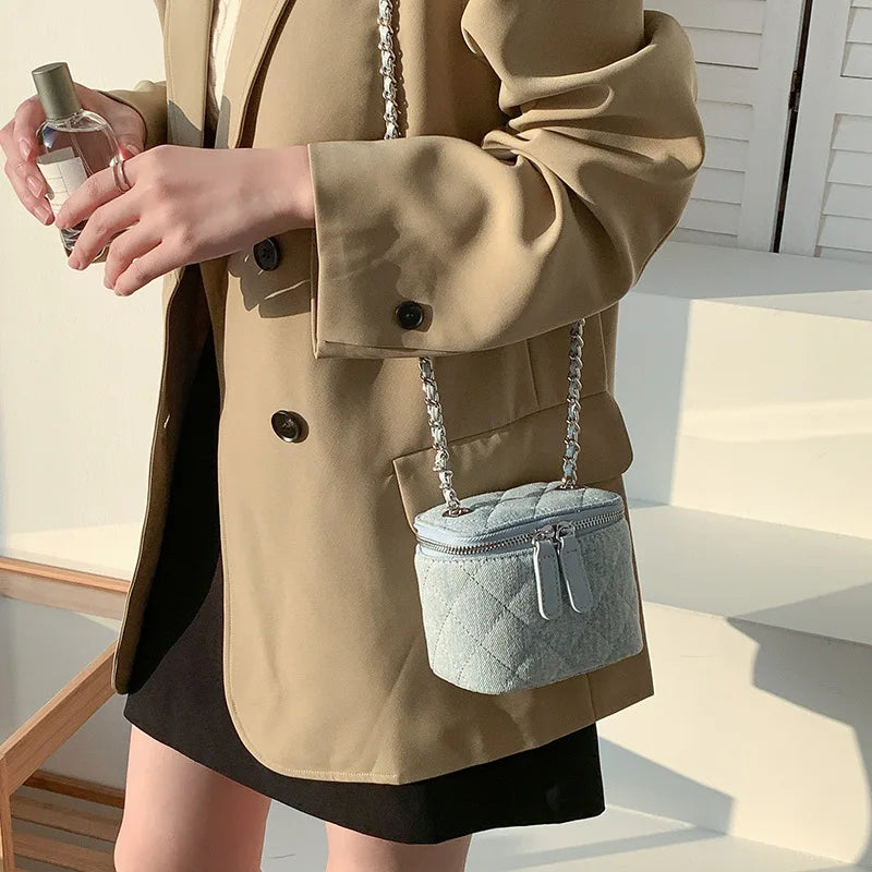 Chic Quilted Denim Mini Vanity Crossbody Bag – Cute Cylindrical Chain Shoulder Bag for Women