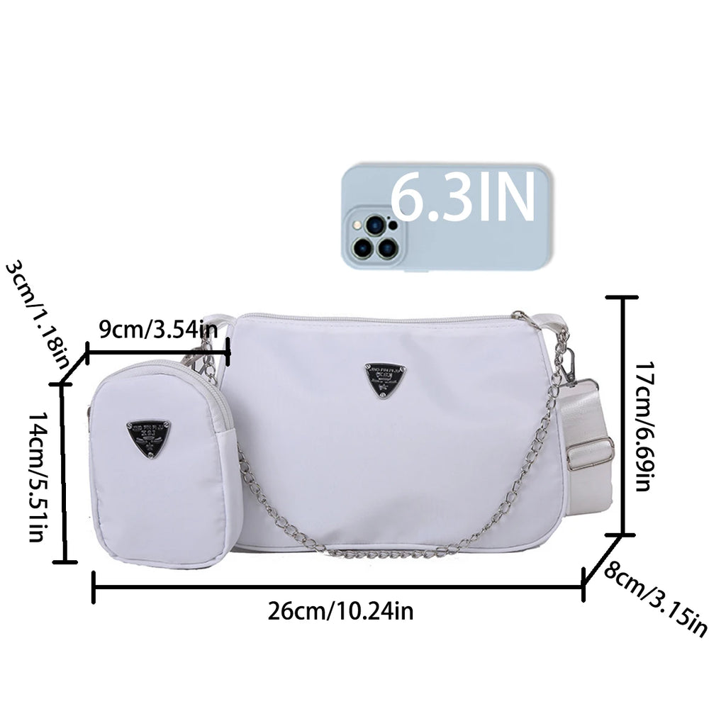 Trendy Black Nylon Crossbody Shoulder Bag with Detachable Chain & Small Coin Pouch