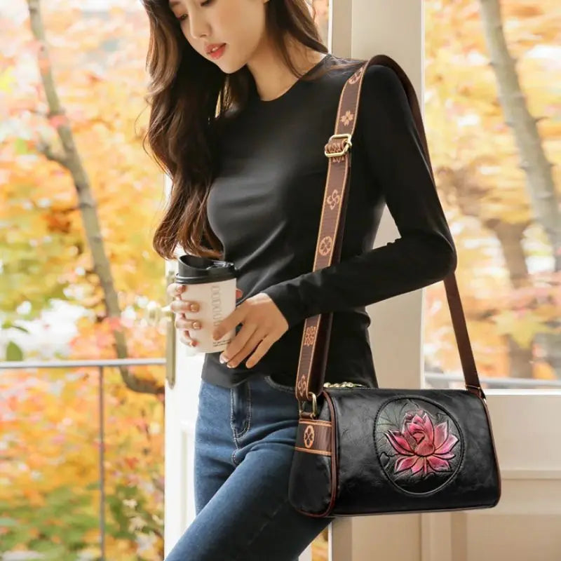 Vintage Embossed Lotus Flower Barrel Bag – Chic Wide-Strap Crossbody & Shoulder Bag for Women