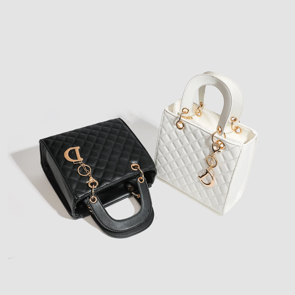 Chic Quilted Faux Leather Top-Handle Handbag with Gold-Tone Charm – Elegant Women's Satchel & Crossbody Bag