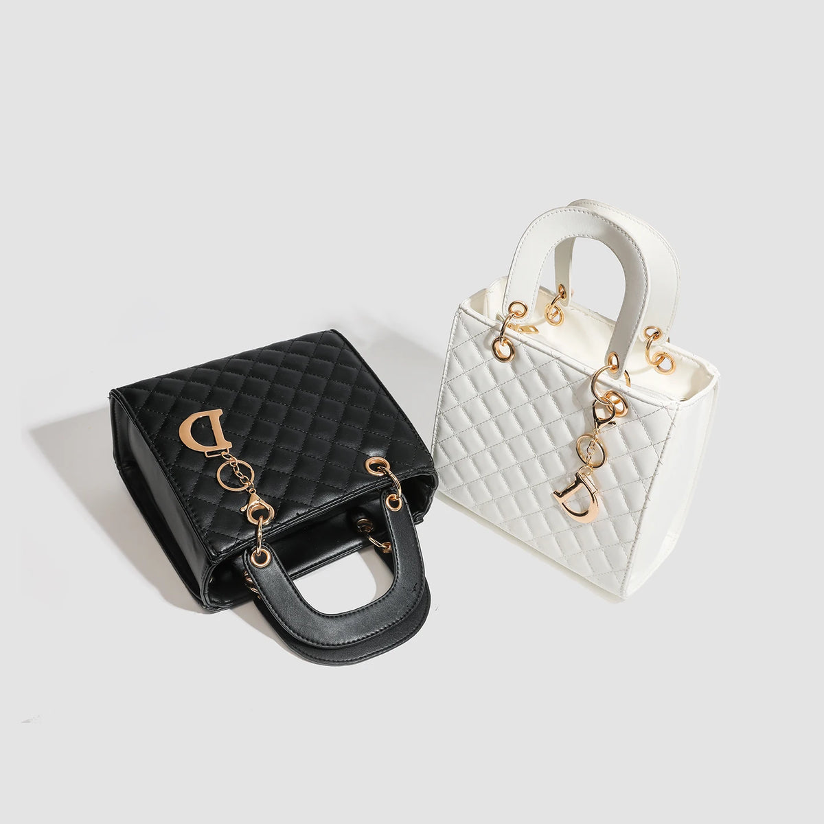 Chic Quilted Faux Leather Top-Handle Handbag with Gold-Tone Charm – Elegant Women's Satchel & Crossbody Bag