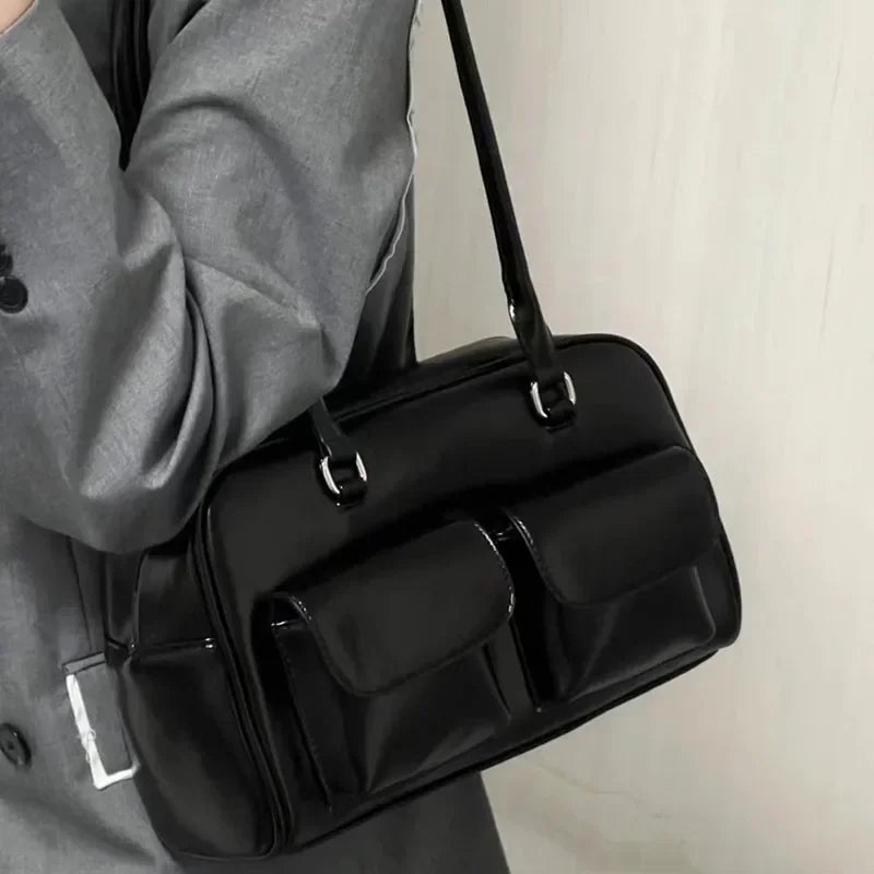 Retro Y2K Glossy Black Utility Bowling Bag – Minimalist Streetwear Shoulder Purse