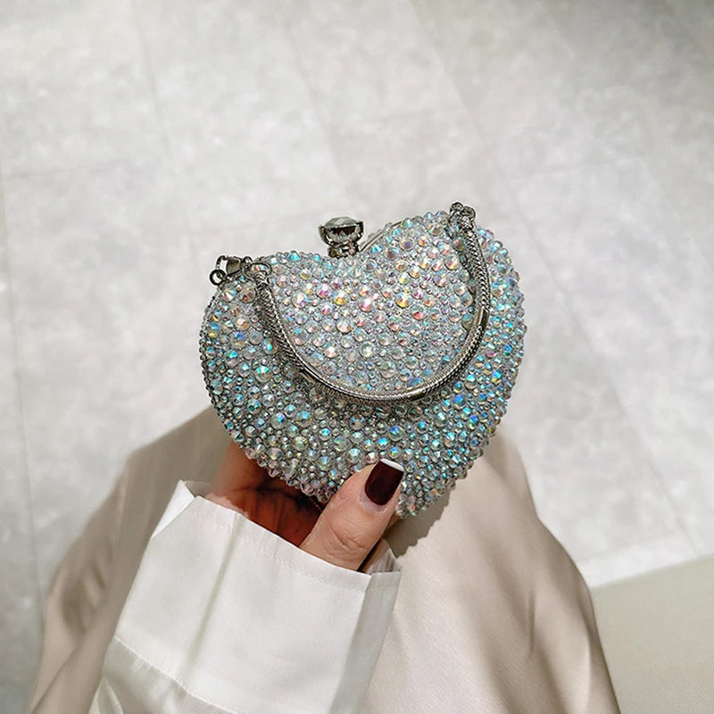 Glamorous Heart-Shaped Rhinestone Evening Clutch and Party Handbag with Gold Handle