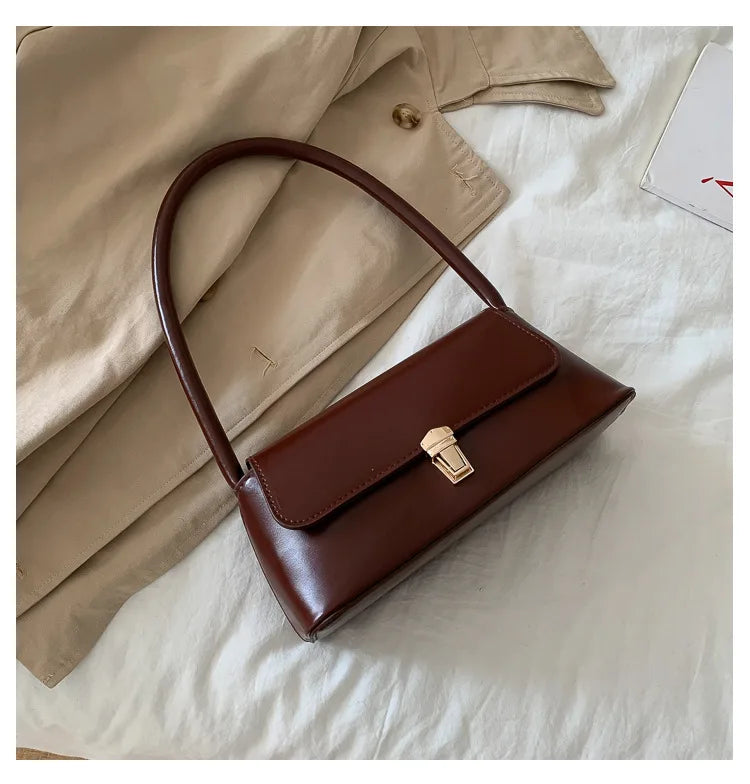 Minimalist Smooth Leather Shoulder Bag – Vintage Rectangle Baguette Bag for