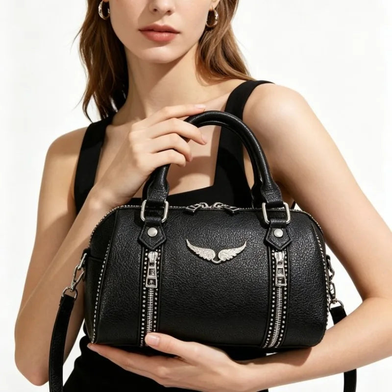 Edgy White Studded Barrel Crossbody Bag | Y2K Rock Chic Winged Handbag ✨