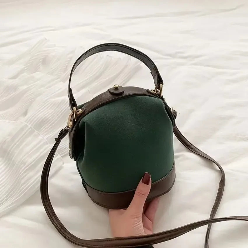 Vintage Two-Tone Suede Bucket Bag - Structured Top Handle Crossbody Handbag with Dark Brown Trim