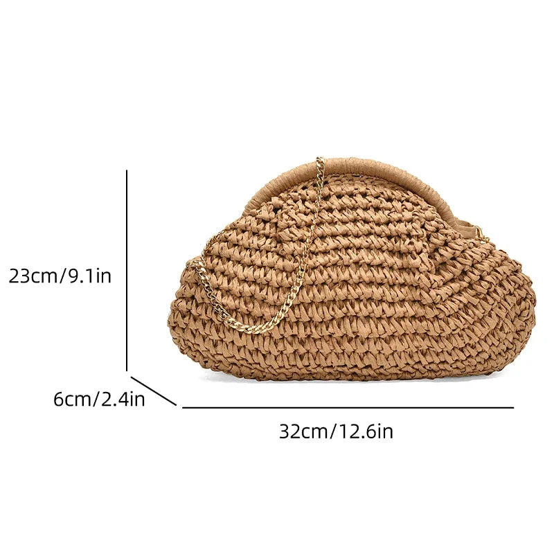 Boho Chic Woven Straw Dumpling Crossbody Bag – Lightweight Summer Beach Shoulder Bag with Gold Chain