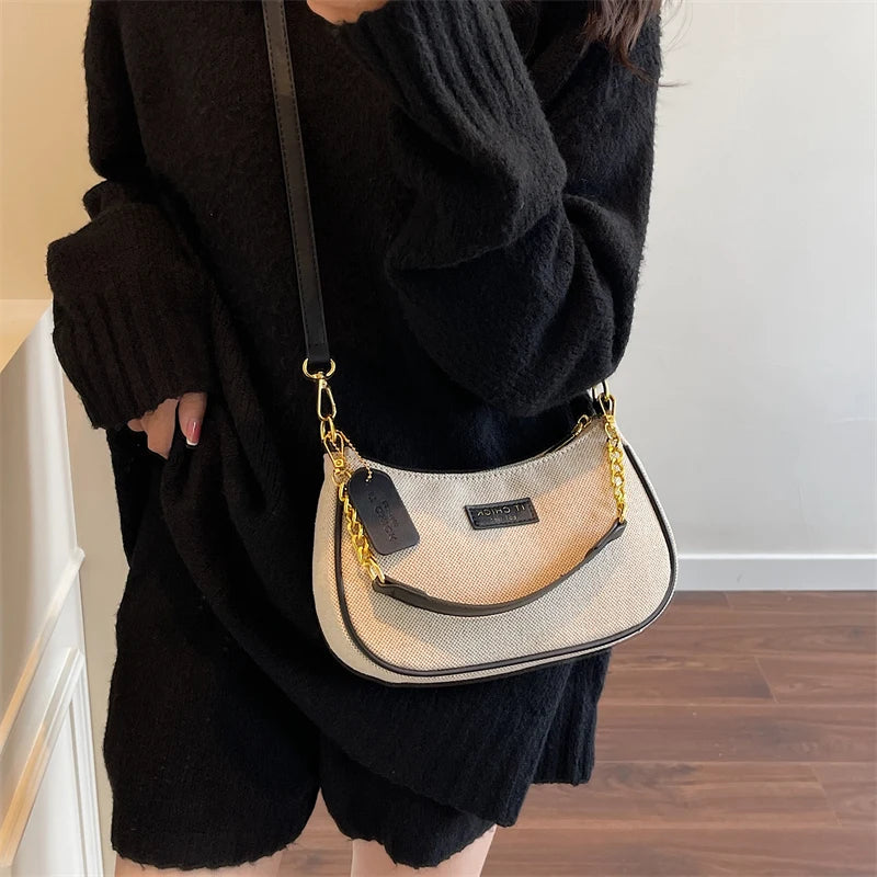 Chic Textured Canvas & Leatherette Shoulder Bag with Gold Chain Strap