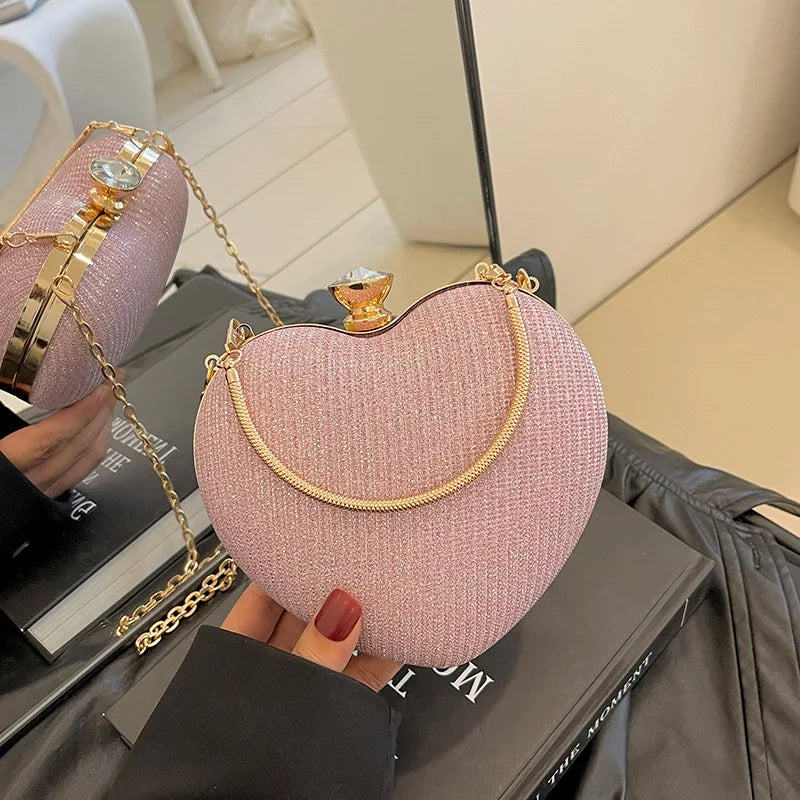 Luxury Bling Rhinestone Heart Party Purse with Chain Strap