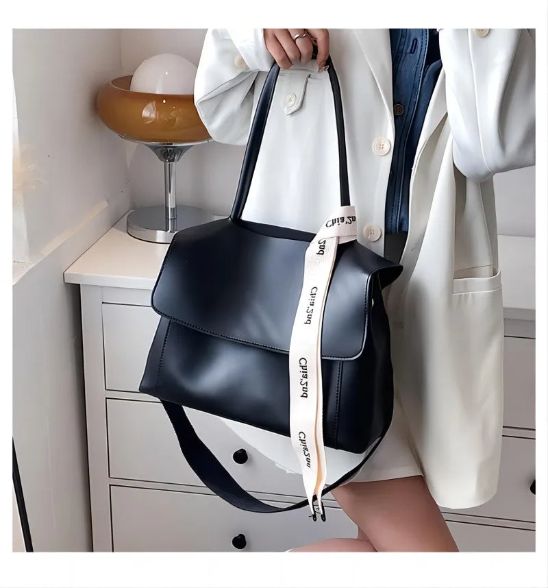 Casual PU Leather Large Capacity Shoulder Tote | Trendy Letter Strap Handbag