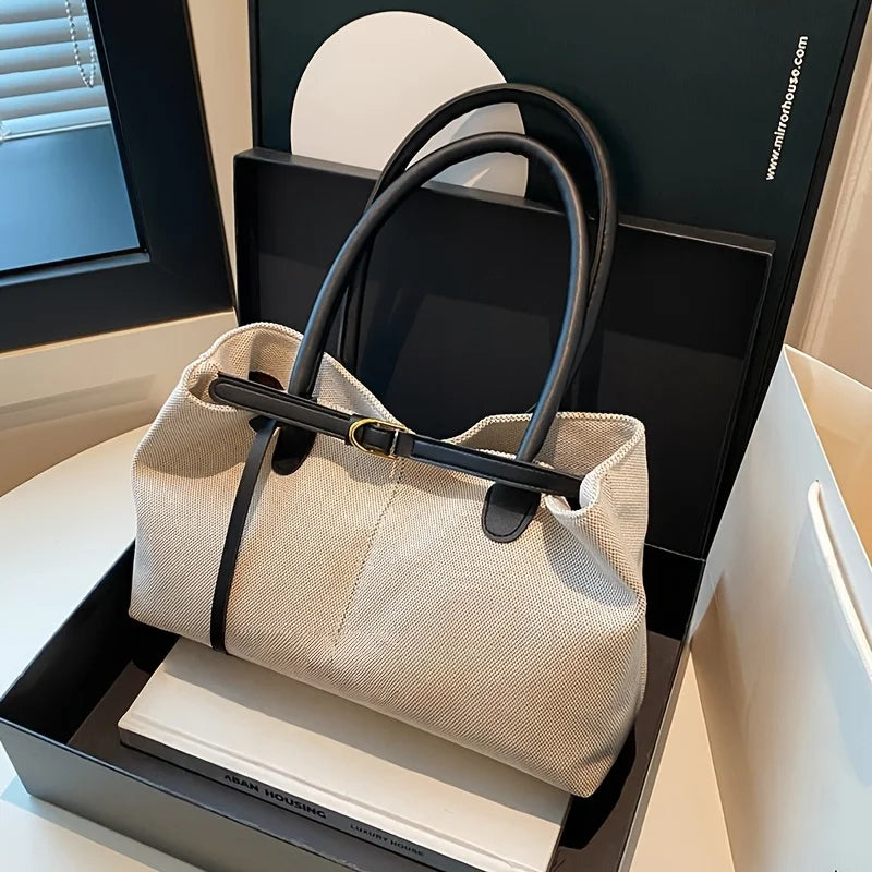 Aura Bags Casual Canvas Tote Bag with Contrast PU Leather Handles and Belt Accent