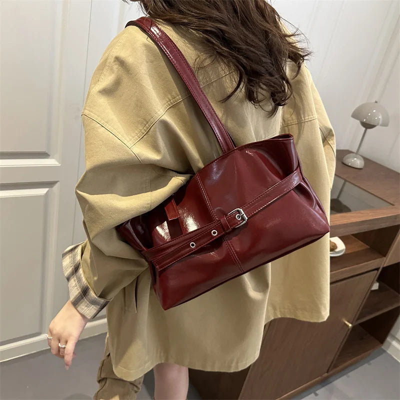 Vintage Wine Red Patent Leather Tote Bag | Stylish Buckle Strap Handbag with Eyelet Details