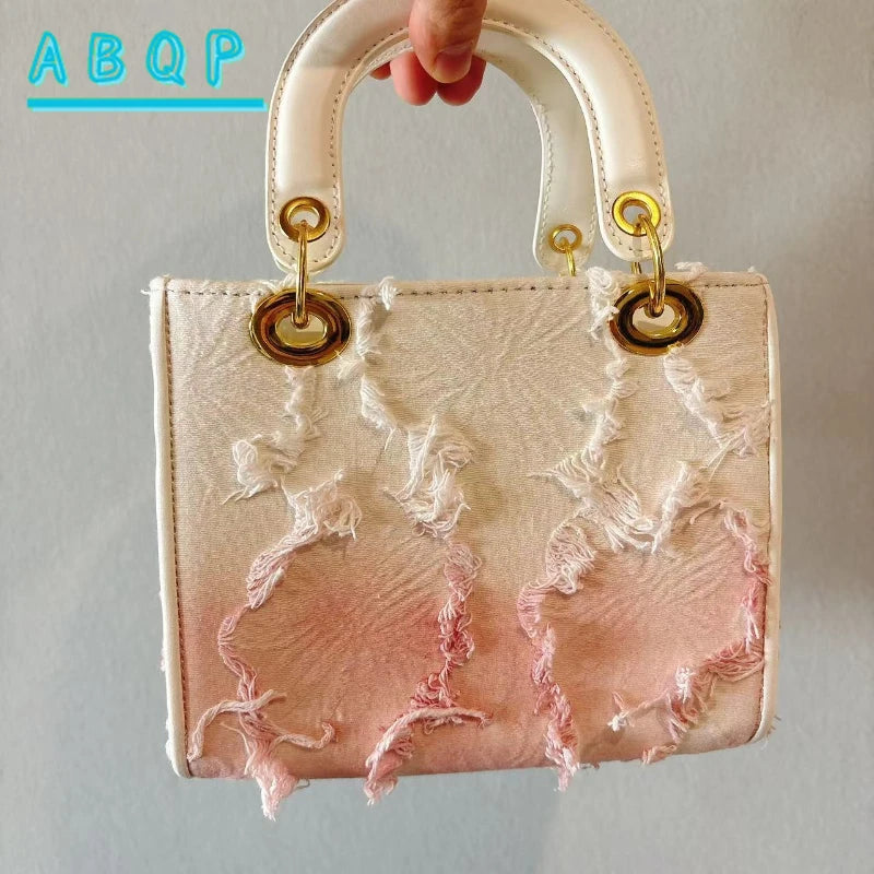 Trendy White & Pink Gradient Mini Handbag with Crossbody Strap and Pearl Bow Details