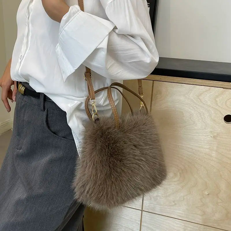 Fluffy Faux Fur Shoulder Bag with Pearl Chain & Crossbody Strap