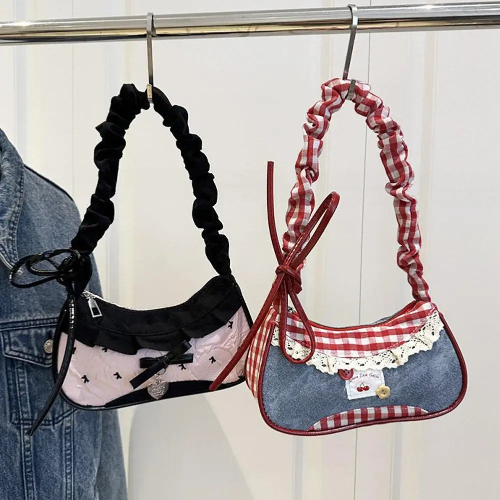 Aura Bags Red Gingham & Denim Patchwork Cute Aesthetic Shoulder Bag