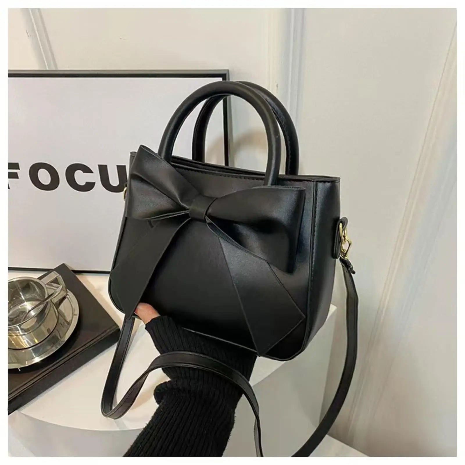 Chic Bow-Accent PU Leather Top-Handle Crossbody Bag | Cute Aesthetic Shoulder Bag