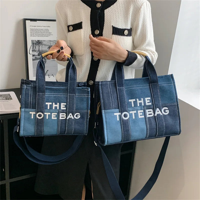 Casual Denim Patchwork "The Tote Bag" with Top Handles & Crossbody Strap