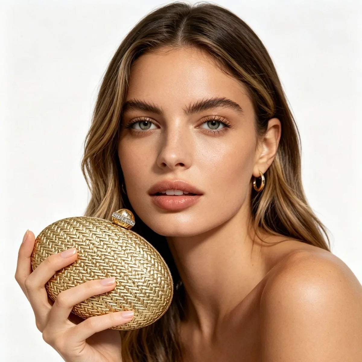 Luxury Metallic Woven Pattern Party Clutch Bag with Crystal Clasp