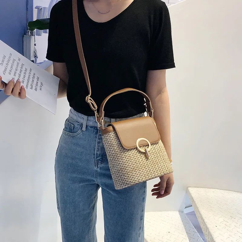 Boho Chic Straw & Leather Bucket Bag | Woven Top-Handle Crossbody Beach Bag