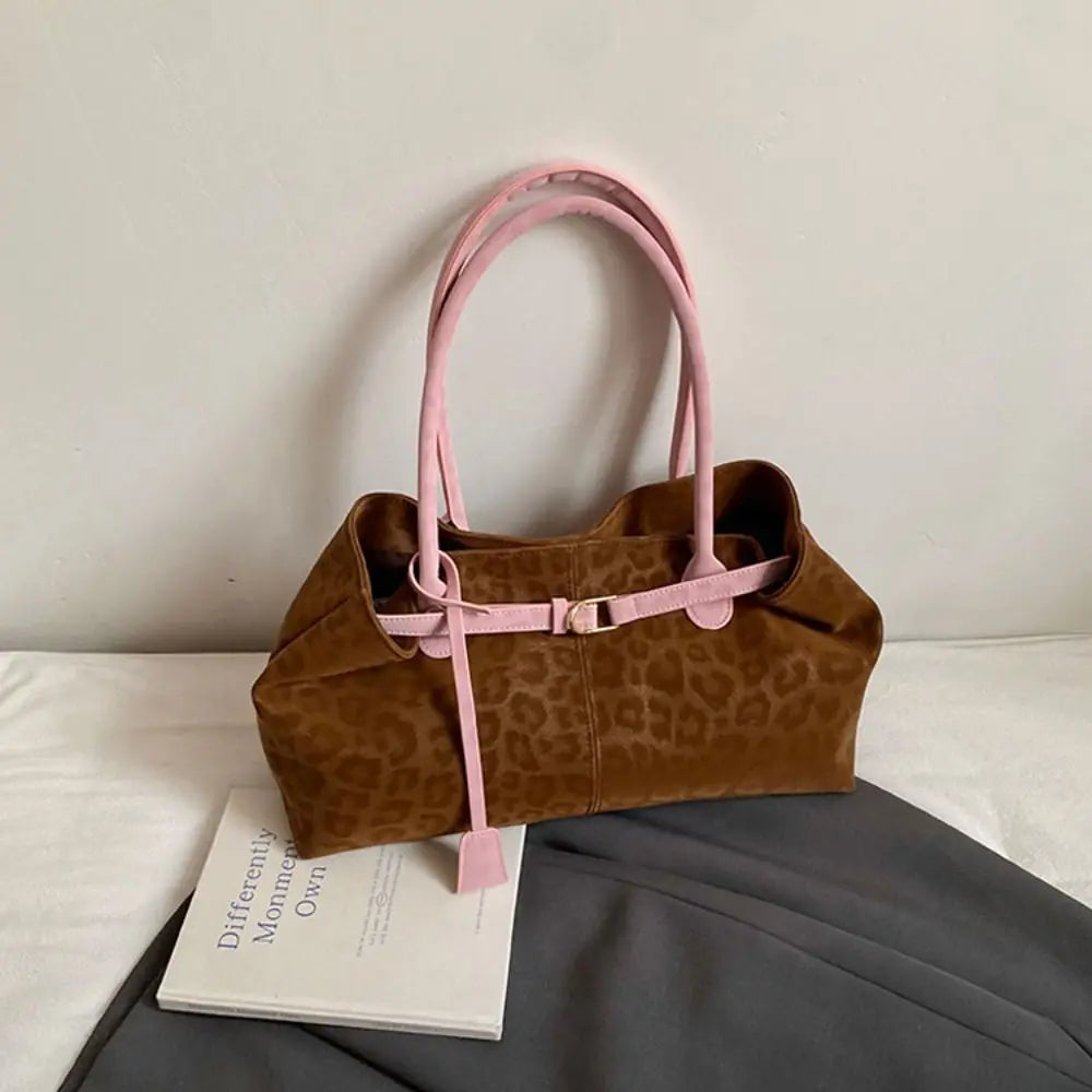 Vintage Suede Leopard Print Belted Tote Bag