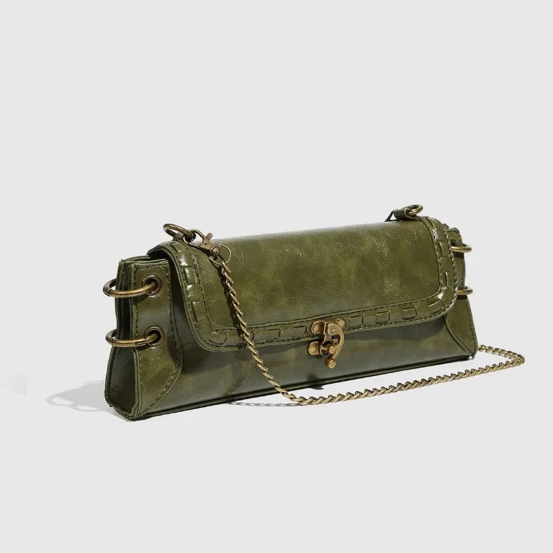 Vintage Olive Green Baguette Shoulder Bag with Brass Chain & Lock