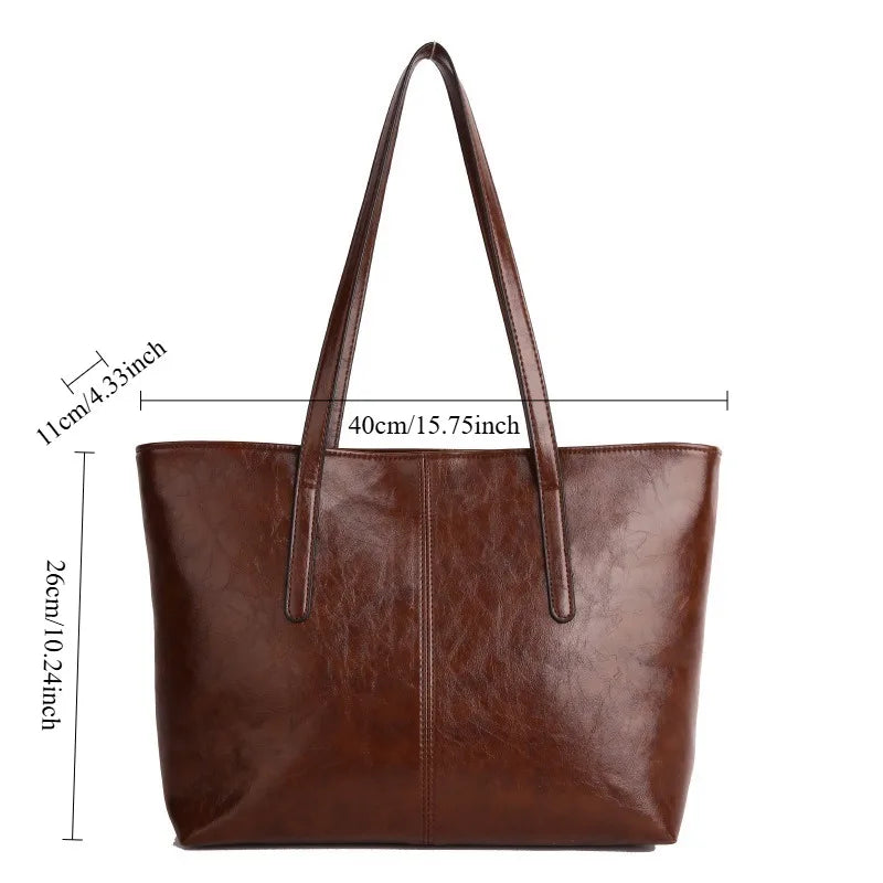 Classic Black Leather Tote Bag with Sports Charm – Spacious Work & Casual Shoulder Bag for Women