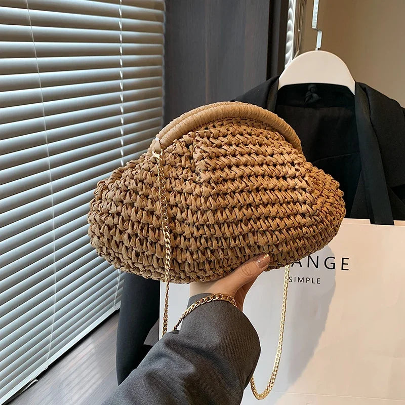 Boho Chic Woven Straw Dumpling Crossbody Bag – Lightweight Summer Beach Shoulder Bag with Gold Chain
