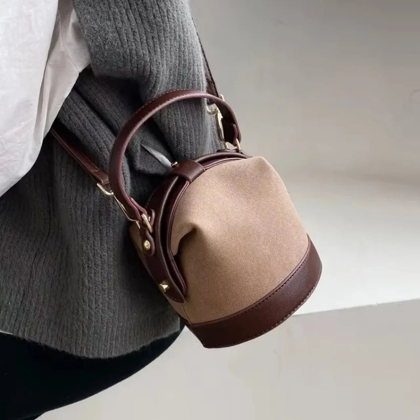 Vintage Two-Tone Suede Bucket Bag - Structured Top Handle Crossbody Handbag with Dark Brown Trim