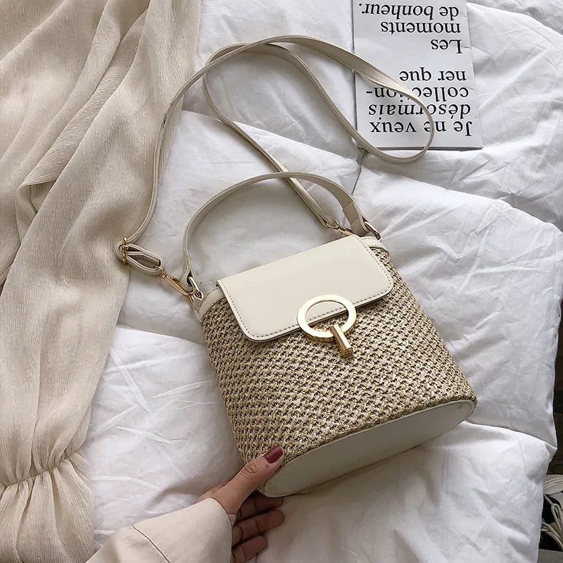 Boho Chic Straw & Leather Bucket Bag | Woven Top-Handle Crossbody Beach Bag