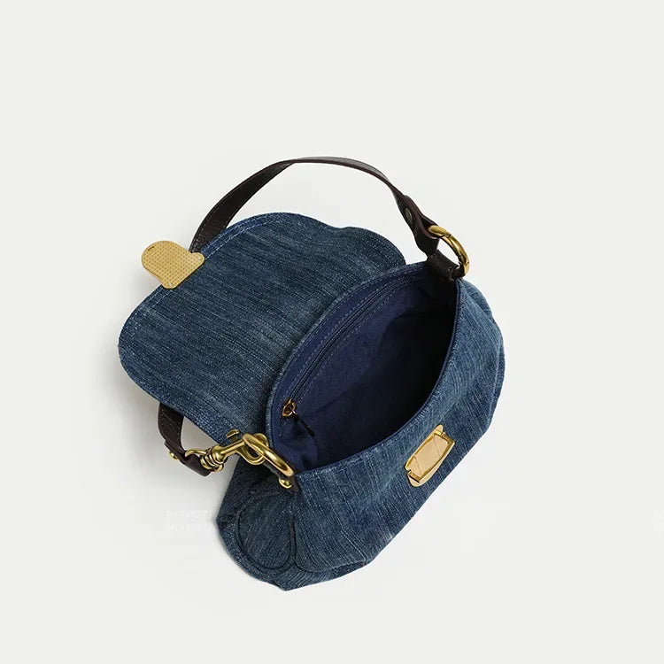 Trendy Blue Denim Flap Bag with Brass Lock Closure and Brown Strap