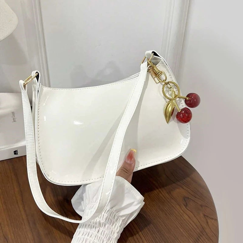 Trendy Glossy Cherry Red Patent Leather Shoulder Bag with Cute Cherry Bag Charm