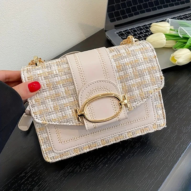 Chic Tweed & PU Leather Flap Crossbody Bag with Gold-Tone Hardware