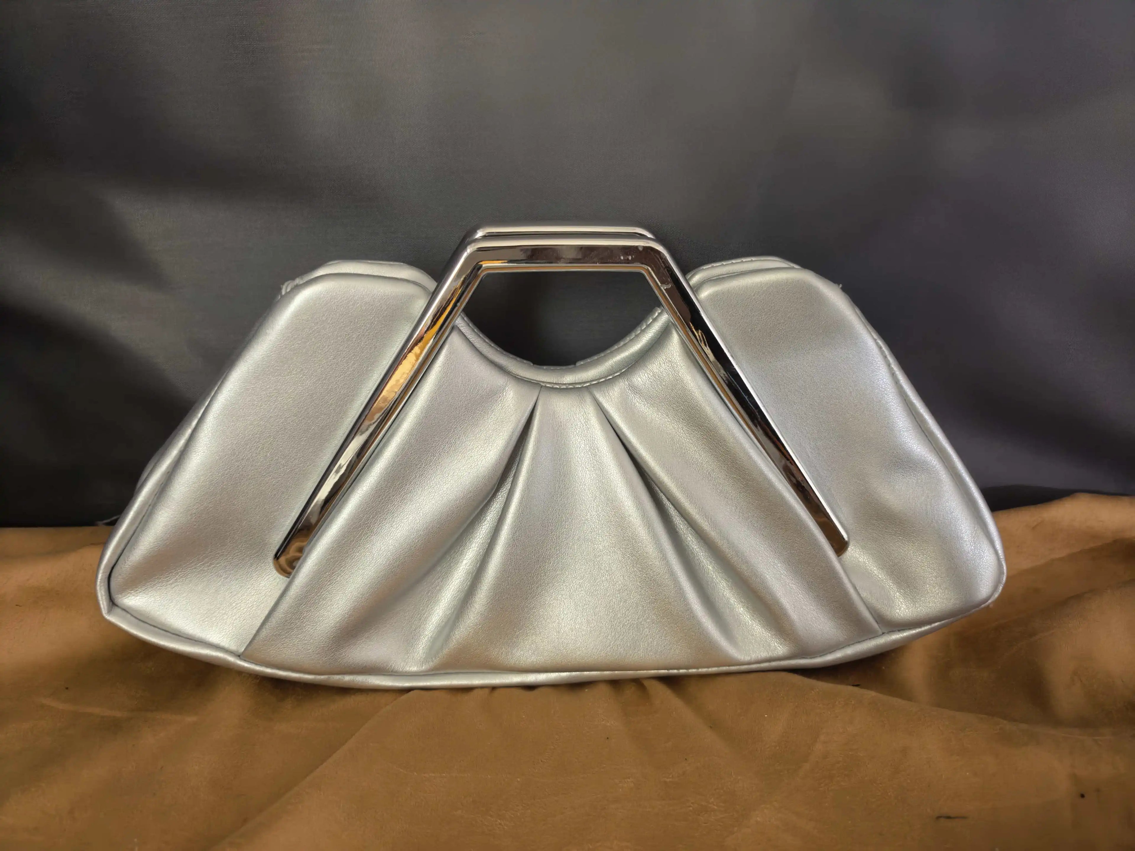 Chic Pleated PU Leather Clutch Bag | Metal Handle Geometric Evening Handbag