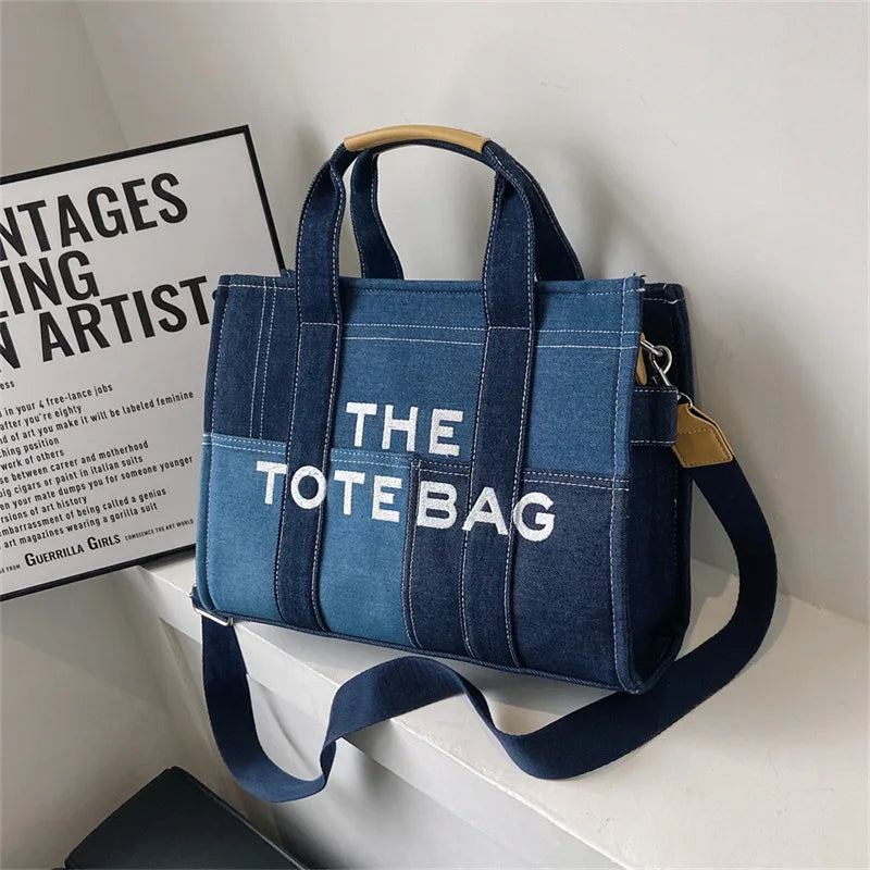 Casual Denim Patchwork "The Tote Bag" with Top Handles & Crossbody Strap