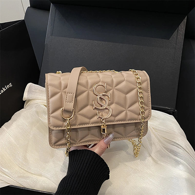 Luxury Quilted Geometric Flap Shoulder Bag with Gold Letter Monogram & Chain Strap