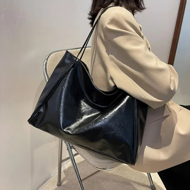 Modern Glossy PU Leather Tote Bag | Large Capacity Soft Shoulder Shopping Bag for Women